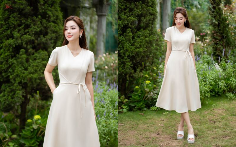 Đầm liền chiết eo cao