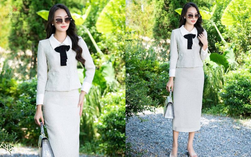 Set dạ tweed cổ nơ trẻ trung