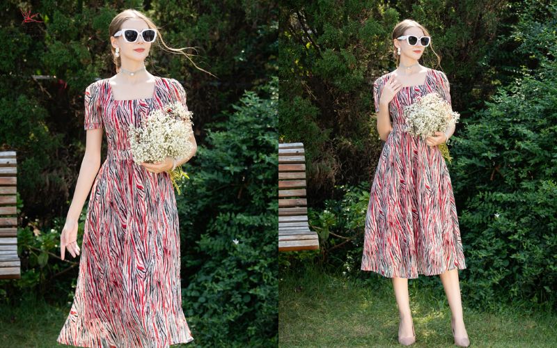 Đầm hoạ tiết cổ vuông tôn dáng