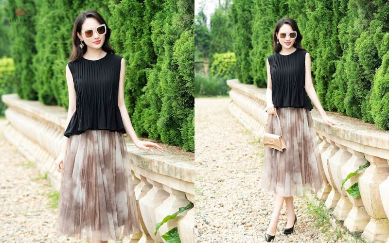 Phối áo sát nách dáng peplum cùng chân váy midi
