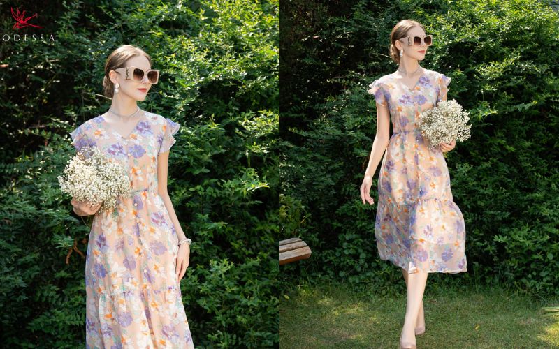 Phối đồ cùng đầm liền hoa cổ V