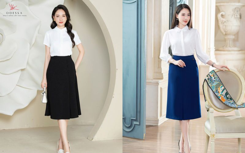 Áo sơ mi kết hợp cùng chân váy chữ A Áo sơ mi kết hợp cùng chân váy chữ A