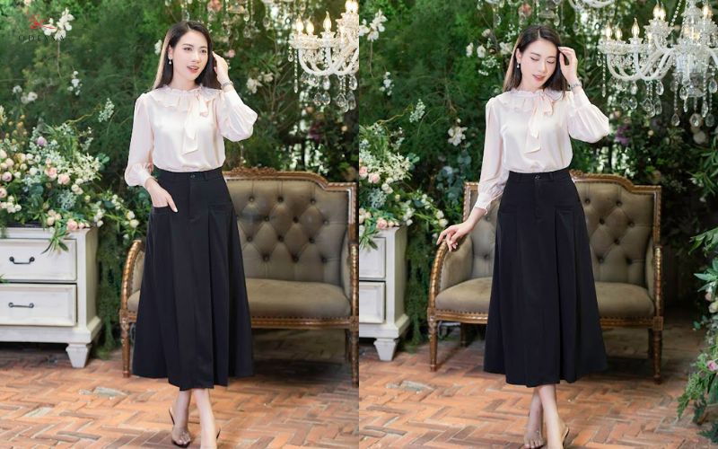 Chân váy xòe mix cùng áo cổ bèo Chân váy xòe mix cùng áo cổ bèo