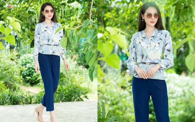 Quần Âu ống côn xanh cùng áo sơ mi hoa xanh