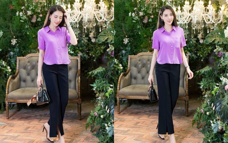 Quần Âu xẻ tà cùng áo sơ mi cổ tàu