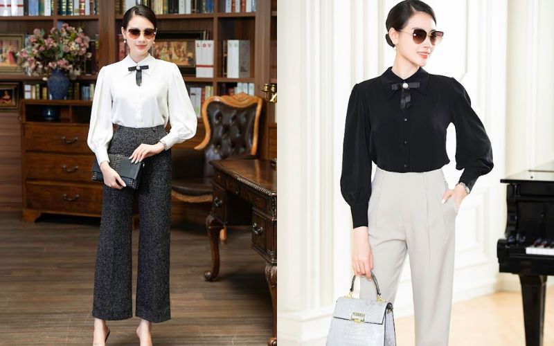 Quần Âu ống suông cùng áo sơ mi tay bồng