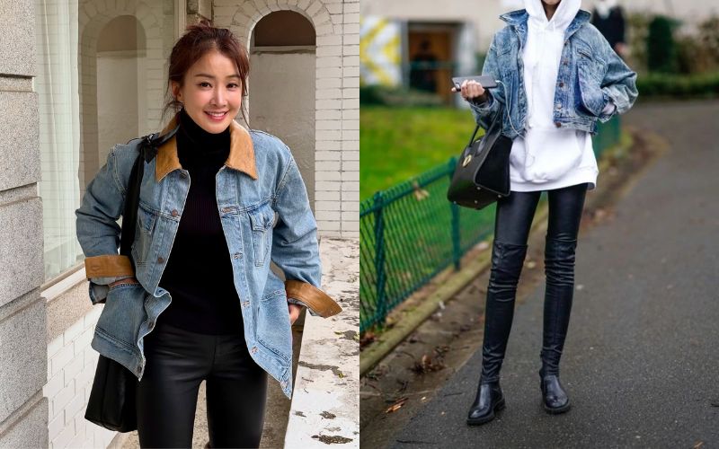 Phối quần legging cùng áo khoác demin