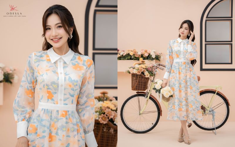 Đầm dài hoa cổ sơ mi