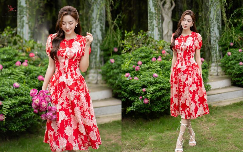 Váy đầm hoa tông đỏ