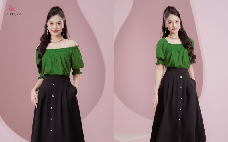 Phối váy chữ A với áo trễ vai