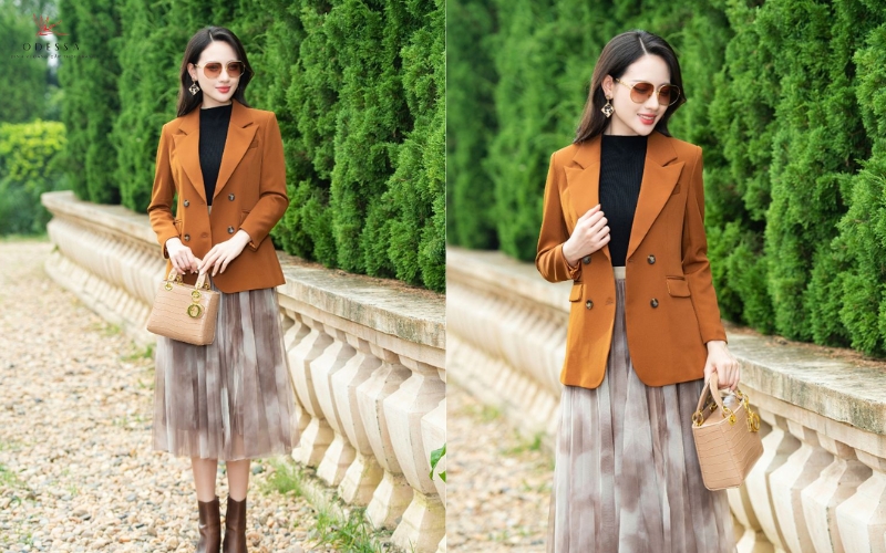 Phối đồ mùa đông - Chân váy xòe dài phối áo Blazer/Vest