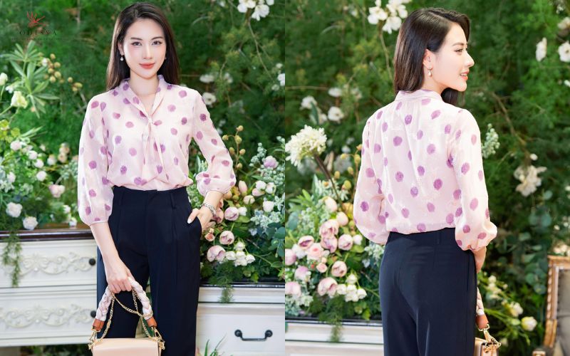 Áo voan hoạ tiết phối cùng quần âu