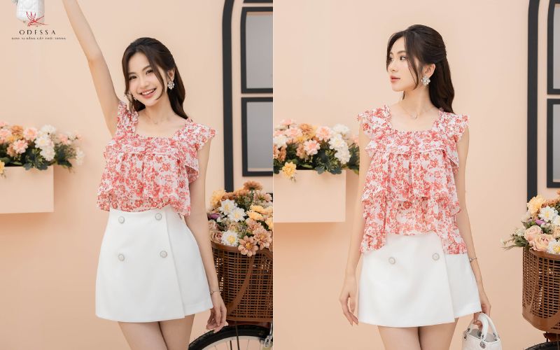 Áo voan hai dây bản to phối cùng chân váy chữ A