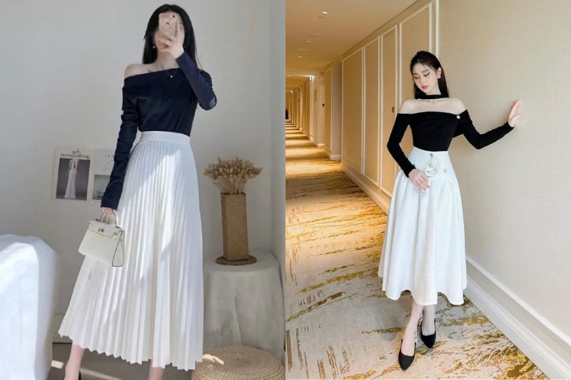 Váy Midi mix áo trễ vai 