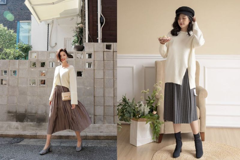 Váy midi mix áo len